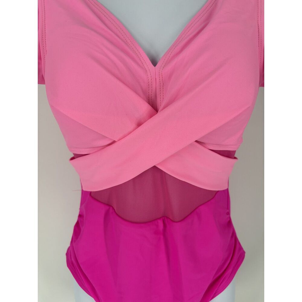 Pink Ombre One-Piece Swimsuit | Ruffle Sleeve V-Neck Cutout Monokini - Picture 2 of 8